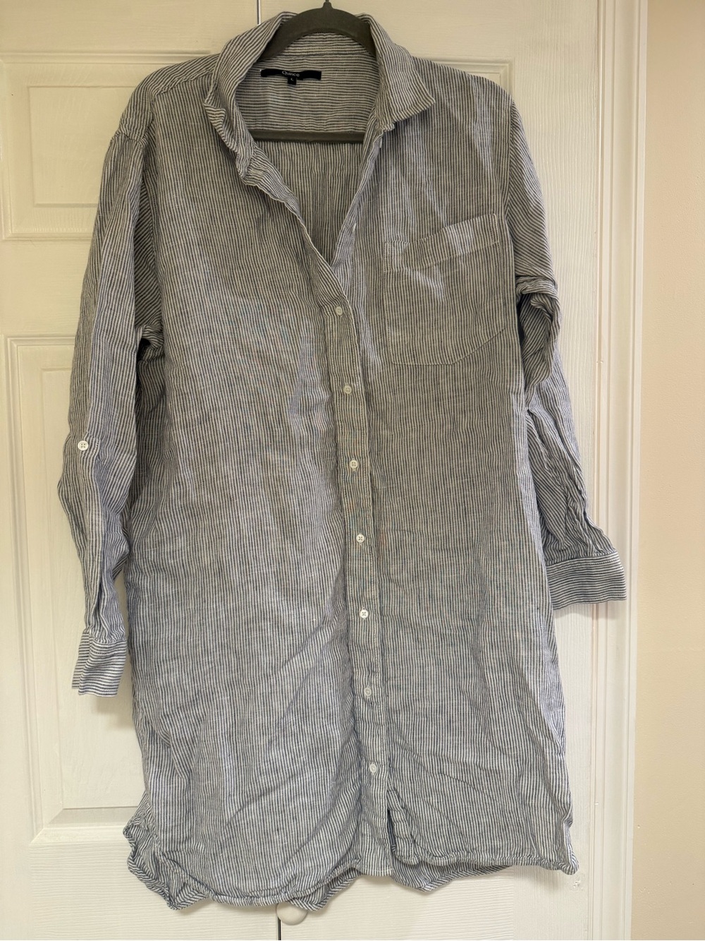 Quince Blue and White Pinstriped Casual Button-Down Shirt Dress
